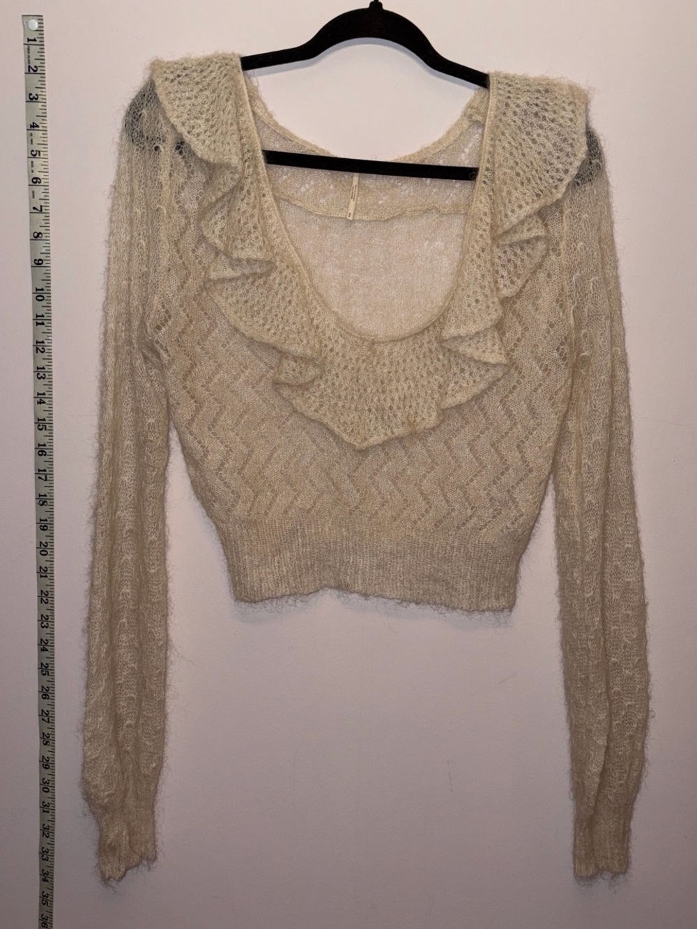 Crochet/Knit Mohair Cream Ruffle Scoop Neck Women's Sweater Free People